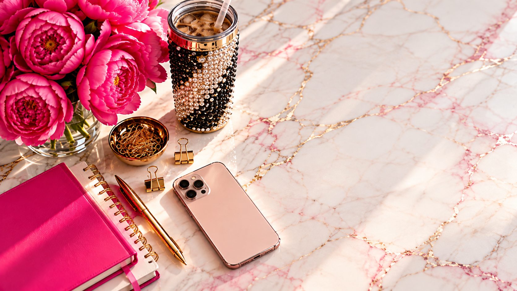 A pink marble desk in morning light with peonies, a rose gold phone, a gold pen and a pink notebook