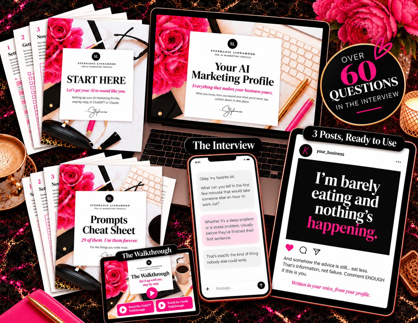 Everything in The AI Marketing Profile: the Start Here guide, the Prompts Cheat Sheet, the walkthrough videos, your profile on a laptop, the interview on a phone and three posts ready to use