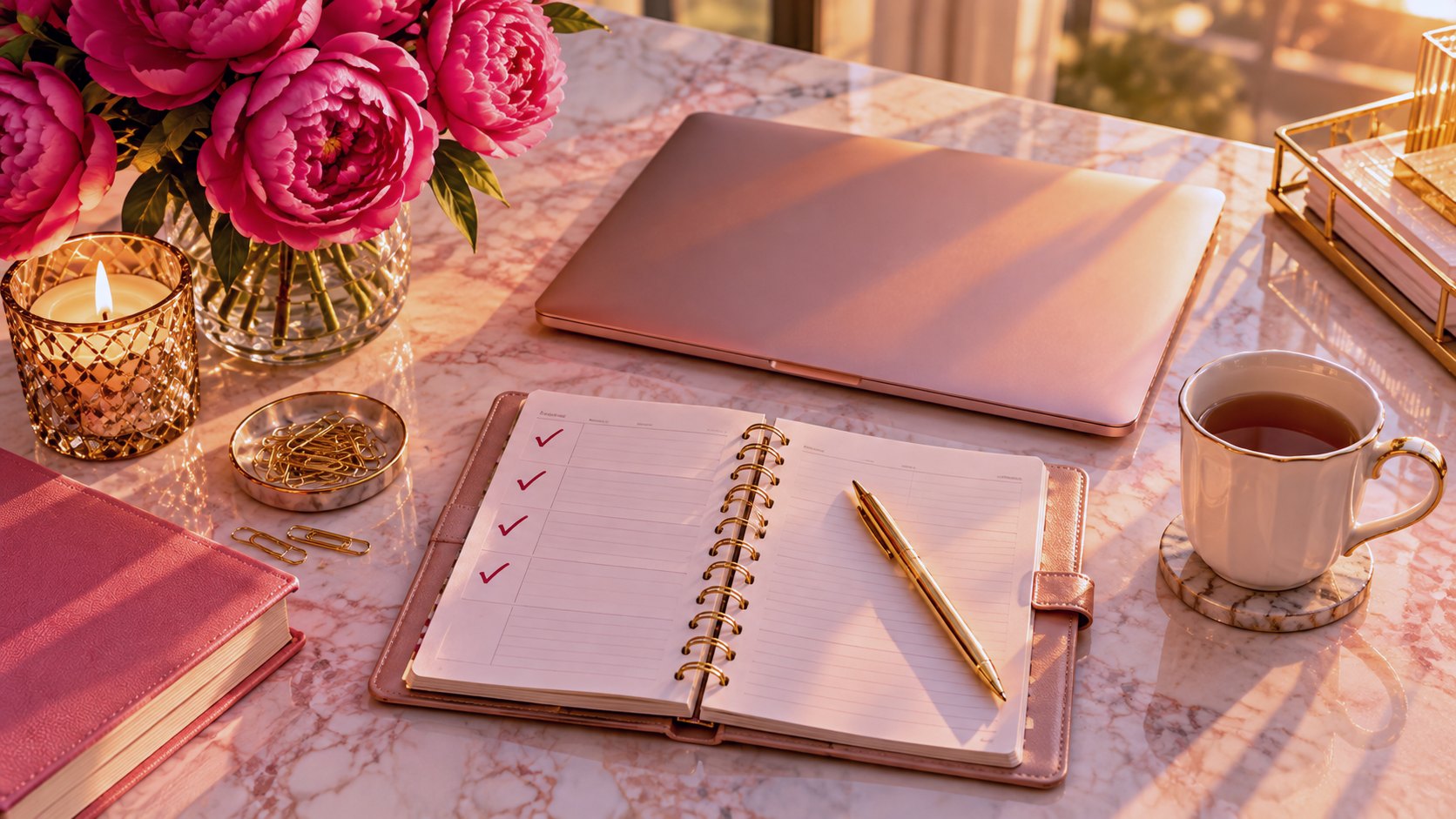 A closed laptop, a cup of tea and a planner with the week checked off, on a pink marble desk in late afternoon sun
