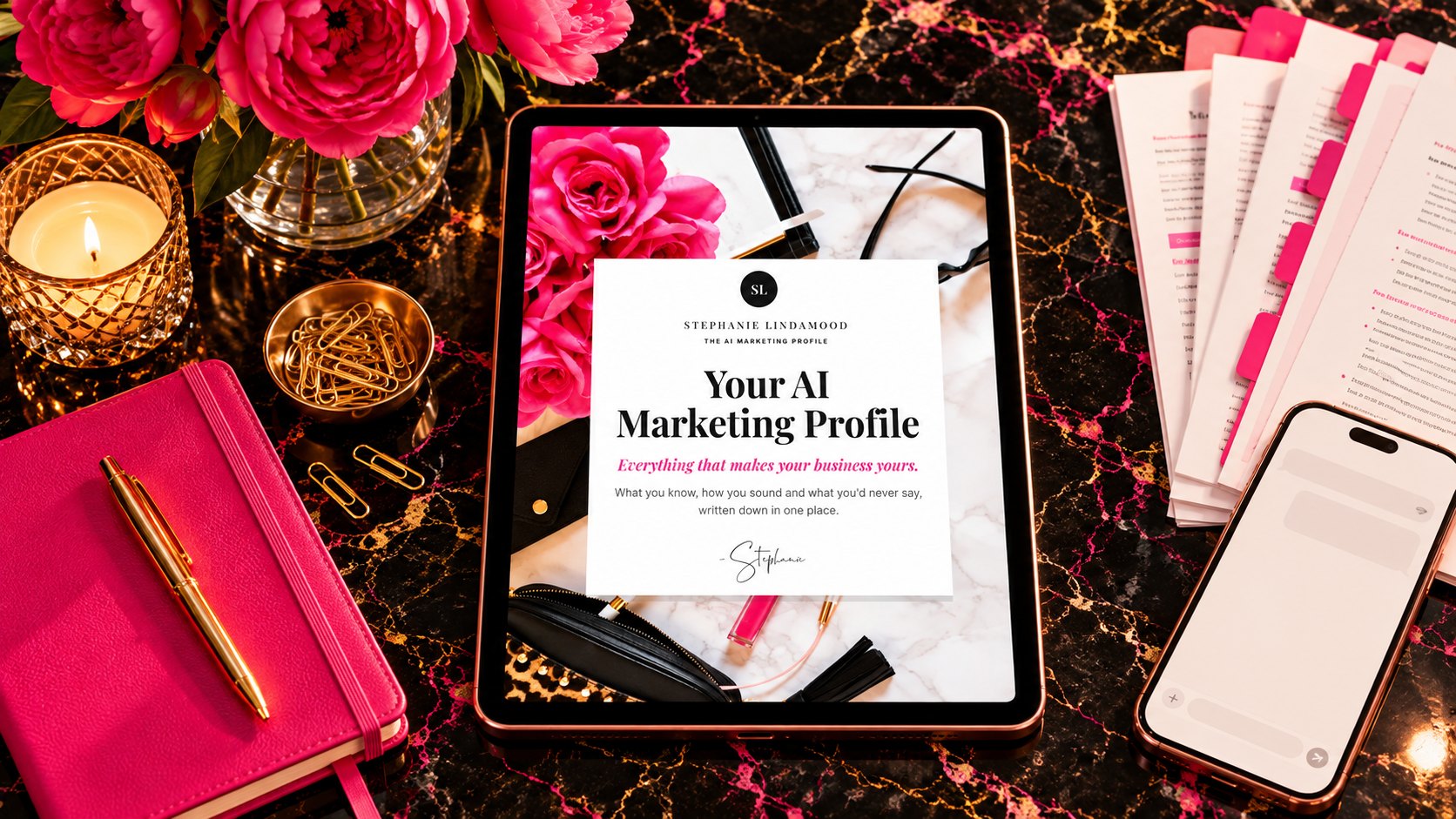 The AI Marketing Profile cover on a tablet, on a black marble desk with pink peonies, a candle, a pink notebook, printed pages and a phone