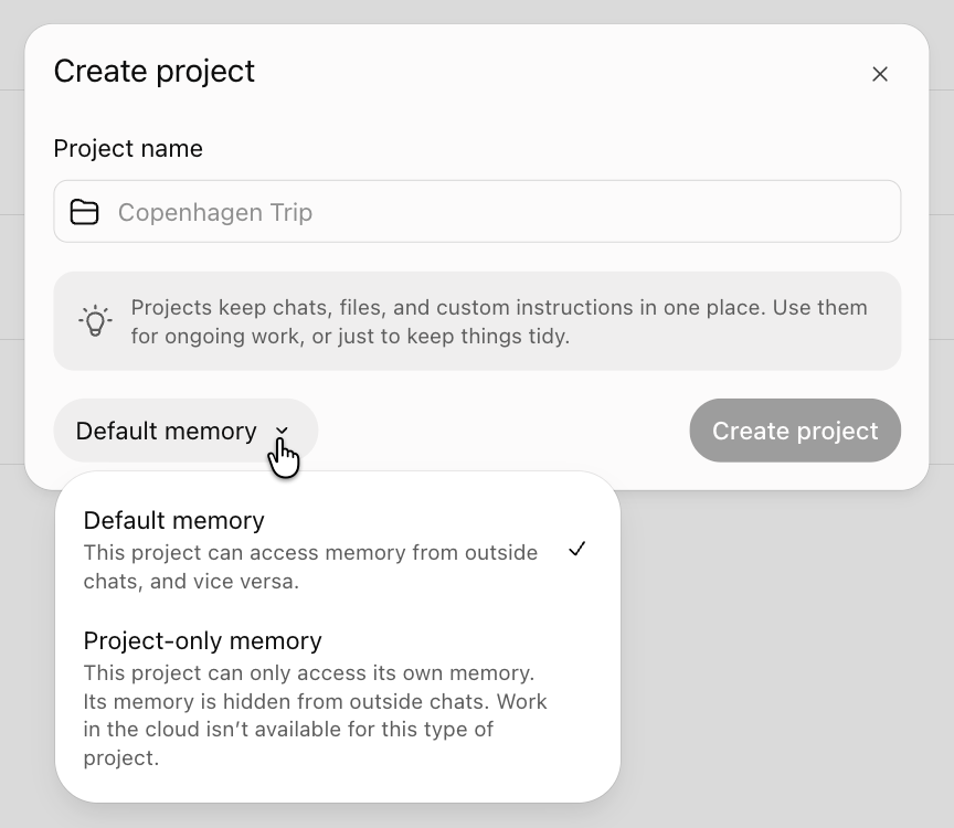 ChatGPT's Create project window with the memory menu open, showing Default memory and Project-only memory