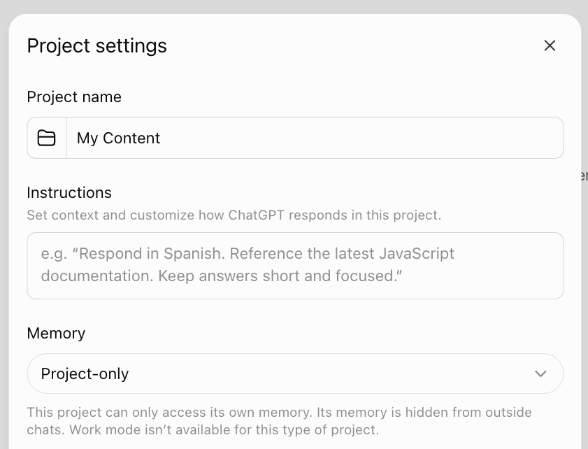 ChatGPT's Project settings window with the empty Instructions box and Memory set to Project-only