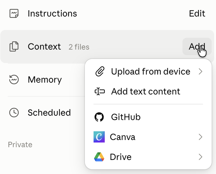 The Add menu next to Context in a Claude project, with Upload from device, Add text content and connected apps like Google Drive