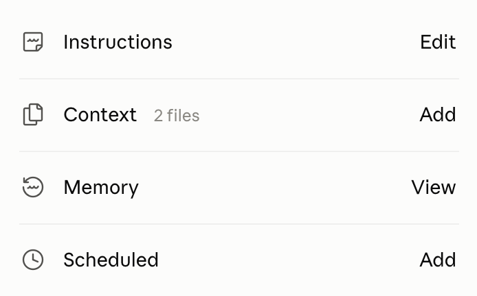 The right side of a Claude project, with Instructions, Context, Memory and Scheduled, each with its own button