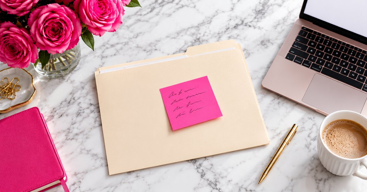 A manila folder with a hot pink sticky note on the front, on a white marble desk with pink roses, a laptop and coffee