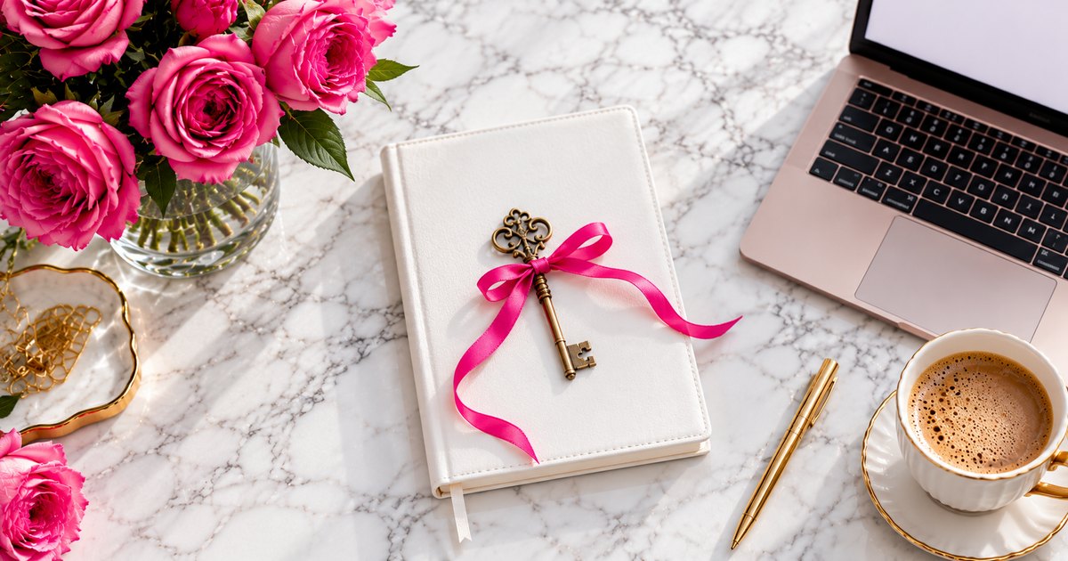 An antique brass key tied with a hot pink ribbon on a white notebook, on a marble desk with pink roses, a laptop and coffee